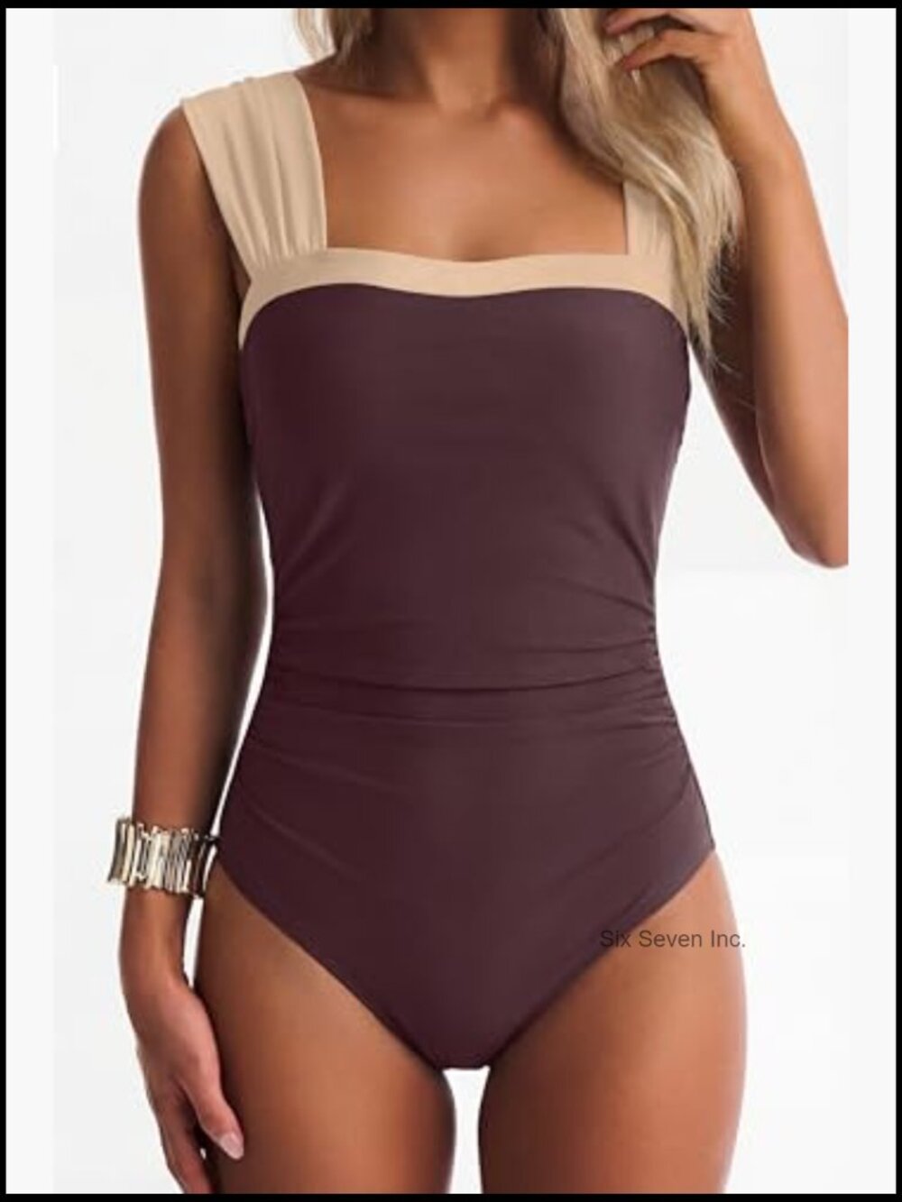 One Piece Swimsuit Tummy Control Full Coverage Wide Straps Color Block High Rise - Picture 3 of 5